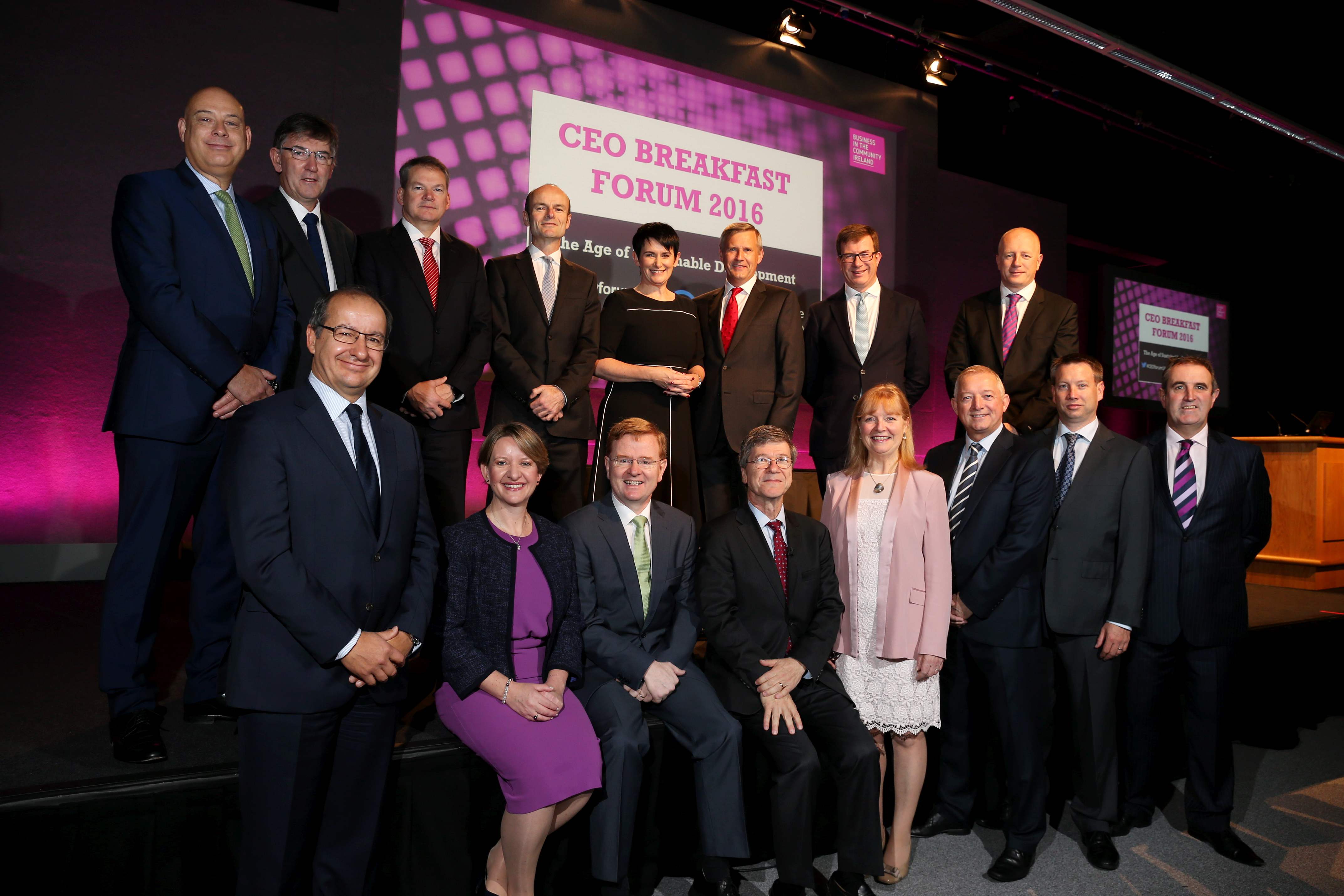 Photo (back row L-R) Clive Bellows, Northern Trust; Eoghan Lynch, Arup; Niall Gleeson, Veolia; Kenneth Daly, Marks and Spencer Ireland; Carolan Lennon, eir; Alastair Blair, Accenture; Julian Yarr, A&L Goodbody; John Fenton, Janssen; (front row L-R) Chris Martin, Musgrave; Maeve McMahon, Ulster Bank; Liam McLoughlin, Bank of Ireland; Professor Jeffrey Sachs; Tina Roche, Business in the Community; Gary Hopwood, Ricoh Ireland; Ray Collins, Vodafone; Gerry Madden, Transdev. (Pic: Jason Clarke)